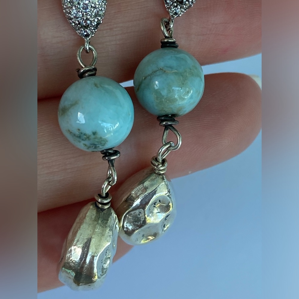Vintage Larimar and 925 sterling earrings, Cubic Zirconia CZ teardrop post back - Picture 4 of 6
